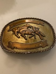 Vintage Western Cowboy Calf Roping Bull Rider Rodeo Nickle Silver Gold Buckle