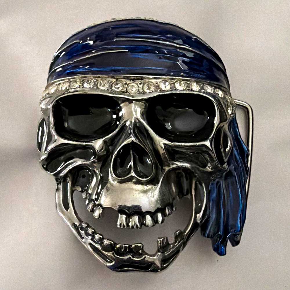 Men&rsquo;s Skull Belt Buckle Silver/Blue Bandana Rhinestone Accent Metal 1.5&Prime;