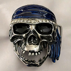 Men&rsquo;s Skull Belt Buckle Silver/Blue Bandana Rhinestone Accent Metal 1.5&Prime;