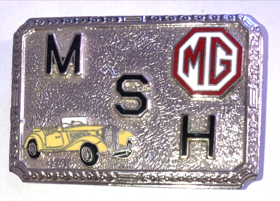 MG Logo Yellow Roadster Hook Fast Enameled Belt Buckle MSH Initials Silver Tone