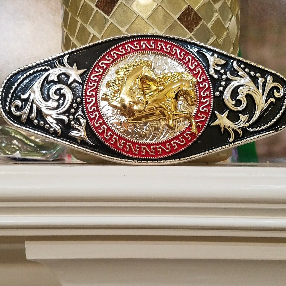 Running horses Western Men Long belt Buckle 7×3.5 silver, red and black oblong