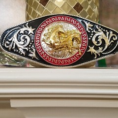 Running horses Western Men Long belt Buckle 7×3.5 silver, red and black oblong