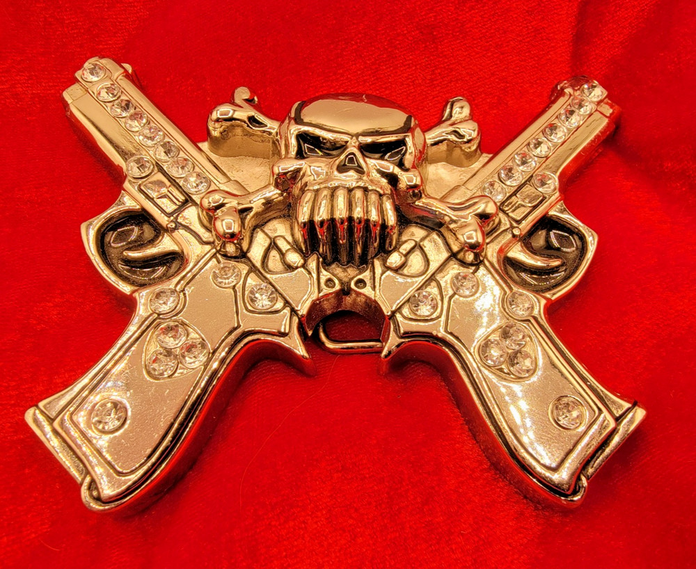 Rock Rebel Unisex Skull Crossbones Gun Pistol Rhinestone Goth Silver Belt Buckle