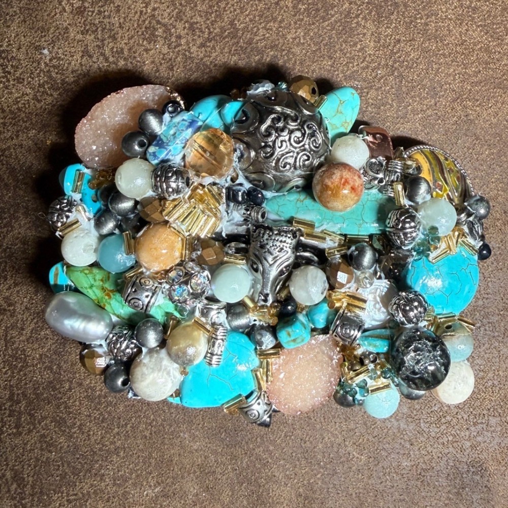 Western Turquoise Druzy Steer Head Mixed Media Artisan Belt Buckle Silver Gold