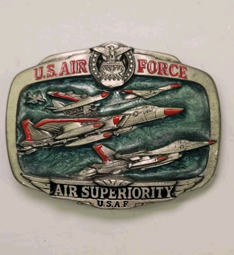 NEW VINTAGE BELT BUCKLE USAF US AIR FORCE SUPERIORITY 1983 #1073 JET PEWTER