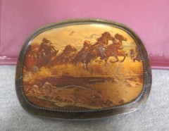 Vintage Brass & Enamel Pictorial Western Stagecoach Horses Belt Buckle 3.25&Prime; W