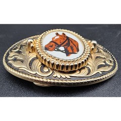 Vintage Brass Horse Head Belt Buckle with Porcelain Cameo 3.25&Prime; Western