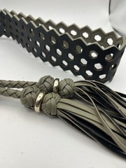 Rare Shanghai Tang Reversible Leather Belt Honeycomb Cutout Tassel Black Tan