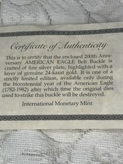 AMERICAN EAGLE BELT BUCKLE Layer 24K Gold by INTERNATIONAL MONETARY MINT NEW COA