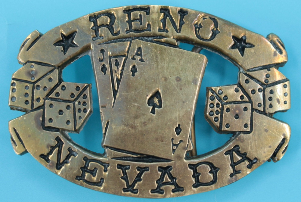 VTG 70s/80s Reno Nevada Casino Dice Cards Vegas Brass Belt Buckle