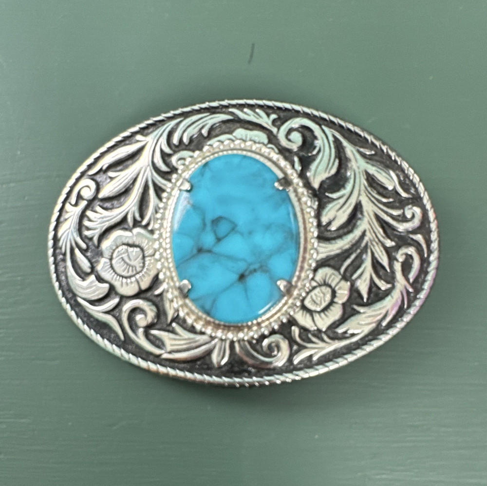 Western Oval Floral Silver Tone Metal Belt Buckle Blue Stone Accent 1.5in