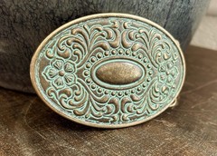 Antique Turquoise Brass Belt Buckle Oval Engraved Western Cowgirl Style