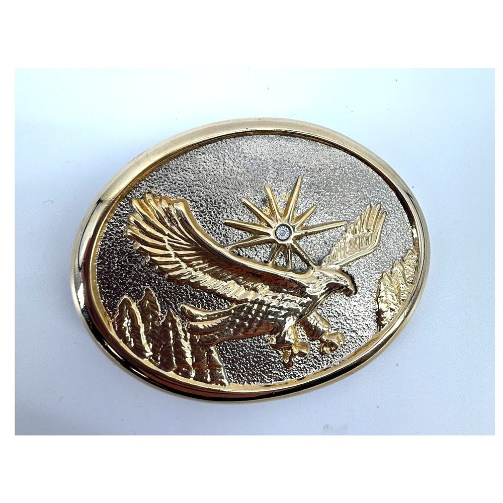 Vintage Eagle Rhinestone Belt Buckle Gold Tone Western Americana Mountain