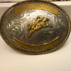 PRCA Pattie Oval Western Belt Buckle Silver/Gold Rope Edge Horse Rider Floral