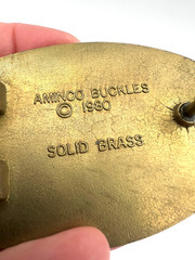 Vintage AMINCO 1980 Old Fishermen Never Die They Just Get Worms Brass Buckle USA