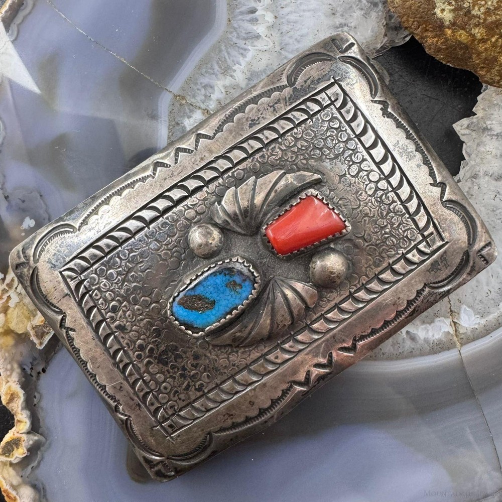 Vintage Richard Henry Yazzie Native American Silver Turquoise &Coral Belt Buckle