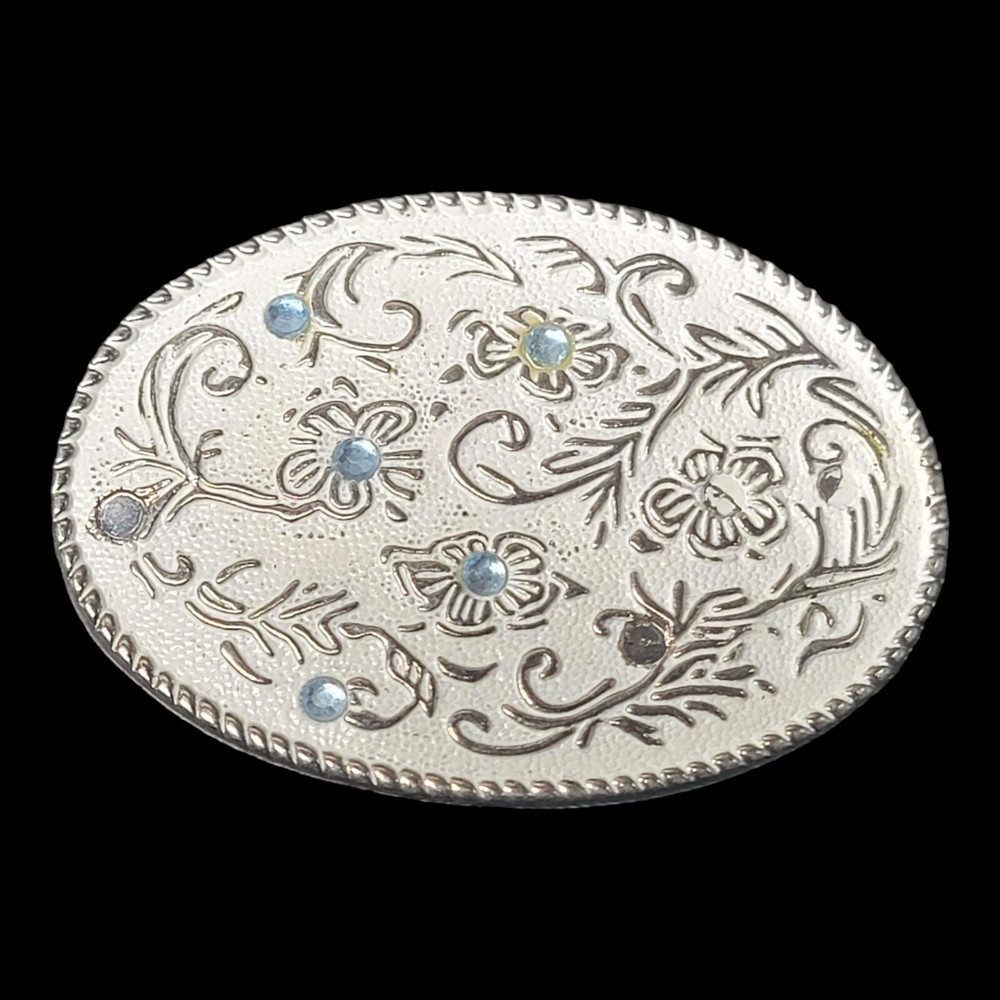 Vintage Belt Buckle Rhinestone Blue Crystal Silver Western Scroll Cowgirl 80s