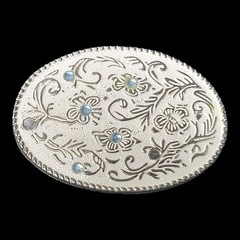Vintage Belt Buckle Rhinestone Blue Crystal Silver Western Scroll Cowgirl 80s