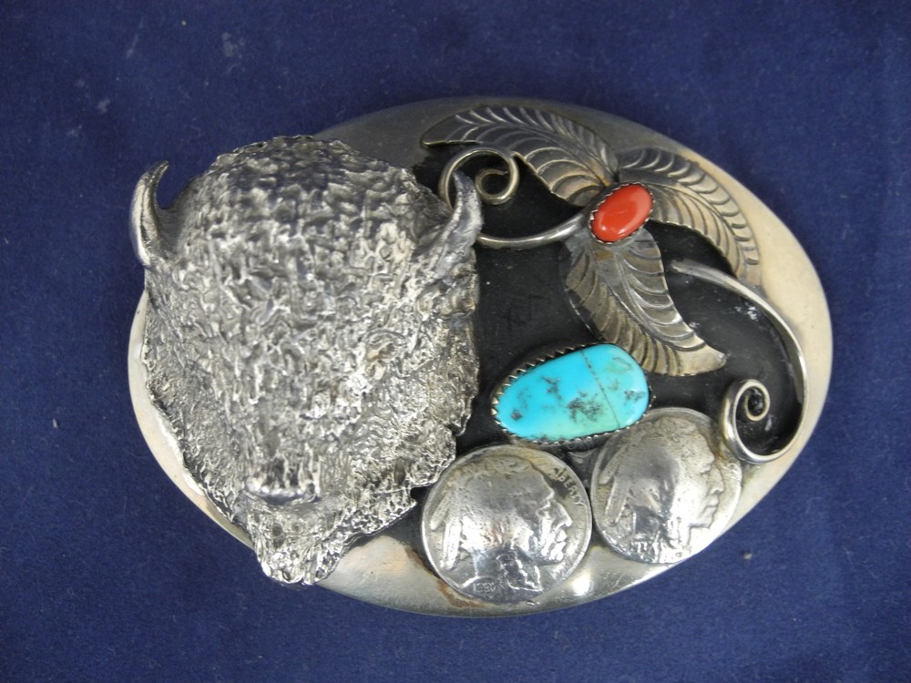Vintage Keams Chee Navajo Belt Buckle Buffalo Head, 1937 Indian Coin Turquoise