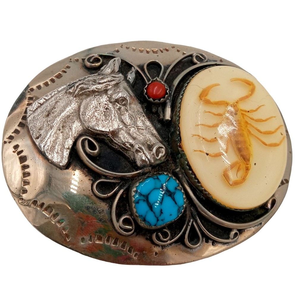 Horse Rodeo Belt Buckle Turquoise Coral Scorpion Cowboy Country Western Wear
