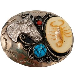 Horse Rodeo Belt Buckle Turquoise Coral Scorpion Cowboy Country Western Wear