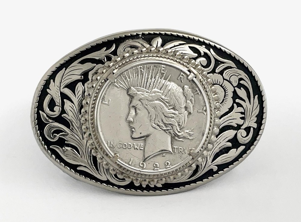 VINTAGE WESTERN BELT BUCKLE 1922 PEACE SILVER DOLLAR COIN COWBOY AMERICANA