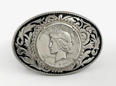 VINTAGE WESTERN BELT BUCKLE 1922 PEACE SILVER DOLLAR COIN COWBOY AMERICANA
