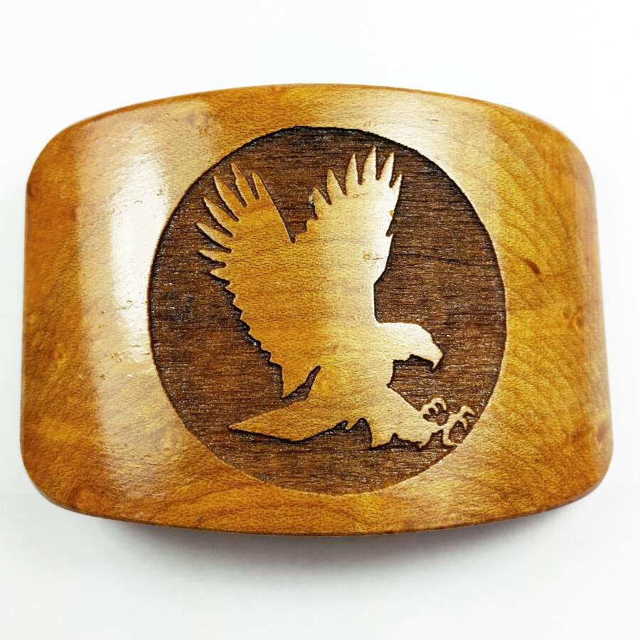 Vtg Engraved Hawk Eagle Bird Pattern Wood Belt Buckle