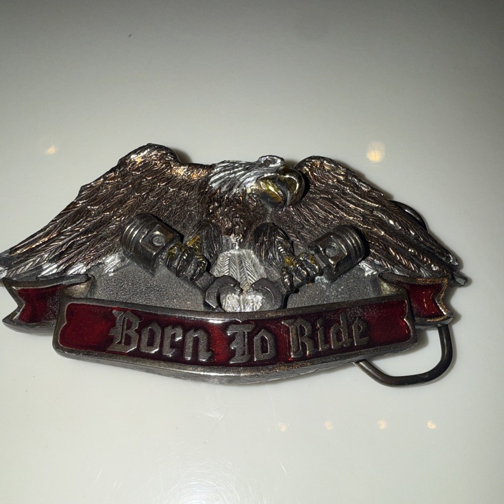 Born To Ride Eagle Motorcycle Biker Metal Western Belt Buckle Silver/Red 1.5&Prime;