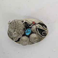 Keams Chee Navajo Belt Buckle Buffalo Head 1937 Indian Coin Turquoise Coral Vtg