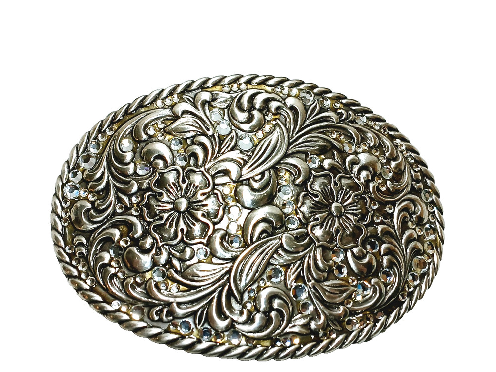Nocona Womens Rhinestone Floral Belt Buckle in box=3.5&Prime; long = Silver tone