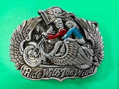 Ride With The Wind Wings Skull Flag Motorcycle Bikers Riders Cutout Belt Buckle