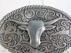 New Steer Long Horn Belt Buckle Cowboy Ornate Rodeo in Package Pewter Tone