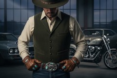 Men Western Buckle Dark Silver Color Metal Revolver Gun Feather Bull Turquoise