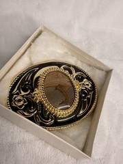 Vintage Western Belt Buckle Silver & Gold Tone Polished Leopard Jasper Stone USA