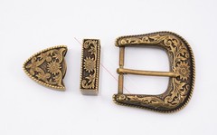 Western Belt Buckle Three Piece Set Antique Brass Floral Design Unisex 1 1/2&Prime;