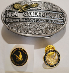 NRA Golden Eagles Oval Belt Buckle, Dated 1994, LE 940492 & w/ 2 Lapel Pins