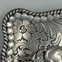 Western Horse Belt Buckle Silver Tone Floral Engraved Rhinestone Border Rodeo
