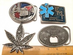 4 LOT BELT BELT BUCKLES GANJA, ELECTRICIAN, CORONA, EMT EMERGENCY TECHNICIAN