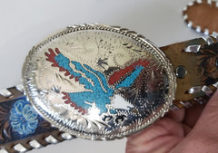 Silver Toned Metal Eagle Belt Buckle Leather Hand Tooled Belt Cowboy Rodeo READ