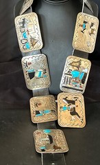 Turquoise Onyx Zuni Sterling Silver Sun Face Inlay Old Pawn Belt 40&Prime; 17406