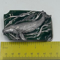 Vintage Humpback Whale Belt Buckle Green Enamel Silver Tone Nautical Marine Life