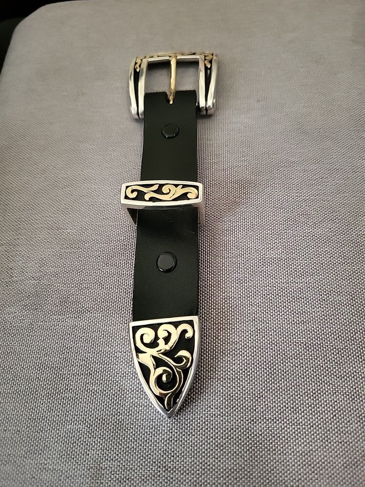 Kokopelli Belt Buckle in 14K Gold and .925 Sterling Silver on Black Leather