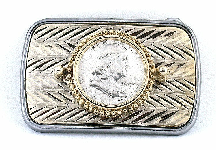 Silver Gold Diamond Cut 1957 Franklin Silver Half Dollar Rectangle Frame Buckle