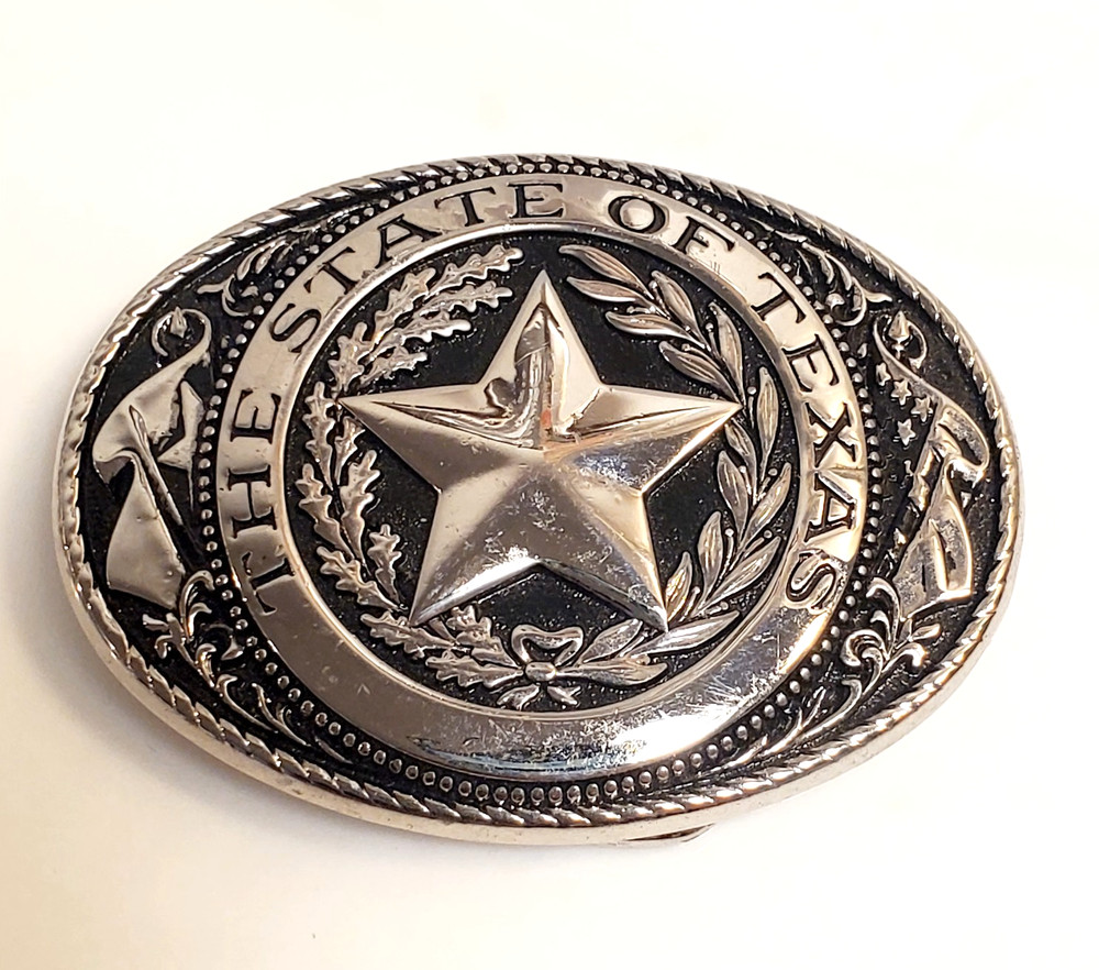 Vintage The State Of Texas Silver Tone & Black Metal Belt Buckle Made In USA
