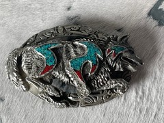 Vintage EJC Belt Buckle 4.25 x 2.75 in Wolf Southwestern Turq 1996 Oval 1.75
