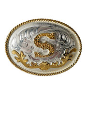 Western Initial Belt Buckle 3.5 x 2 5/8 in Oval S Silver Engraved Gold 1.75