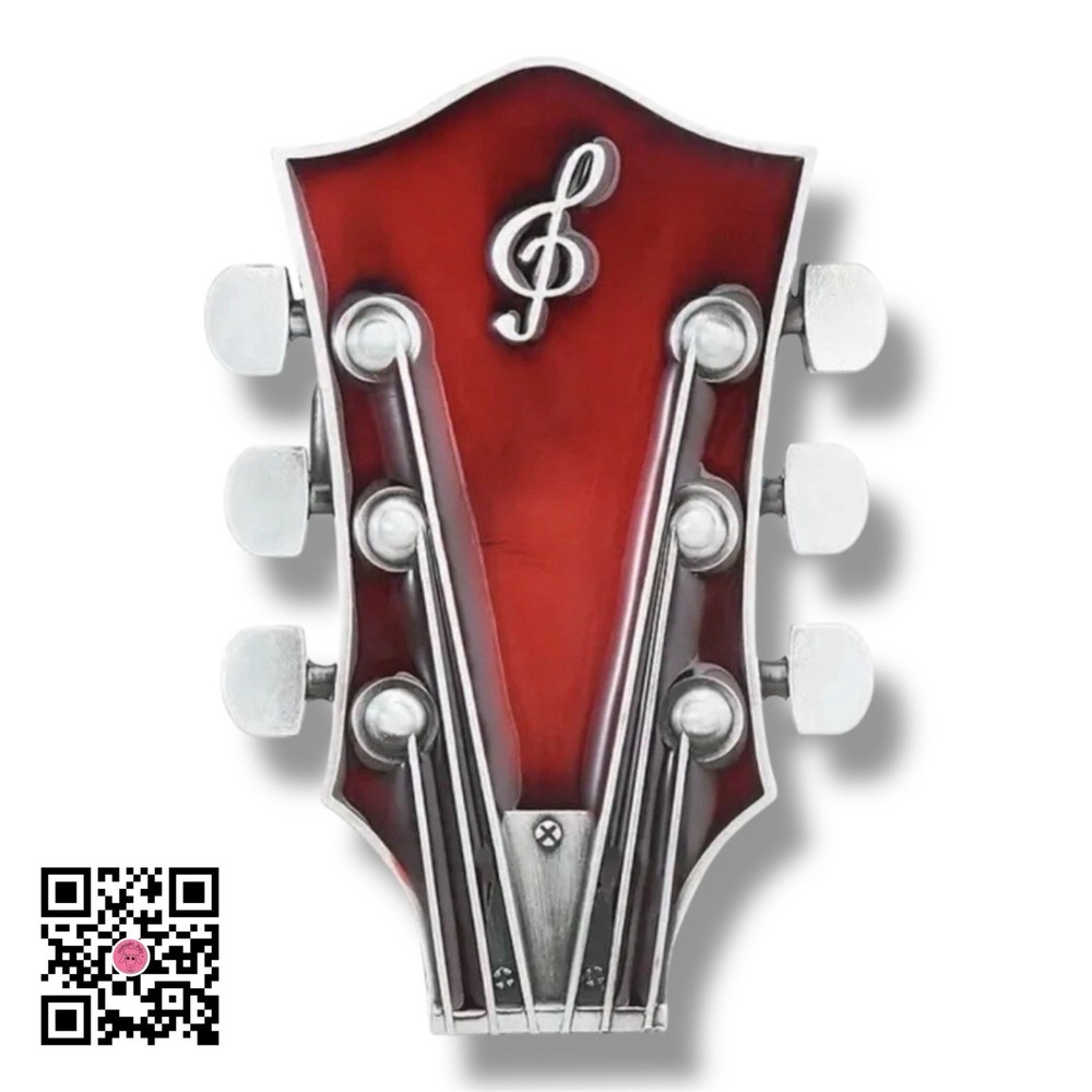 Guitar Head Belt Buckle Red & Silvertone Enamel