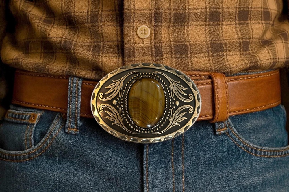 Antique Gold Silver Tigers Eye Belt Buckle Western Cowboy Fashion Style