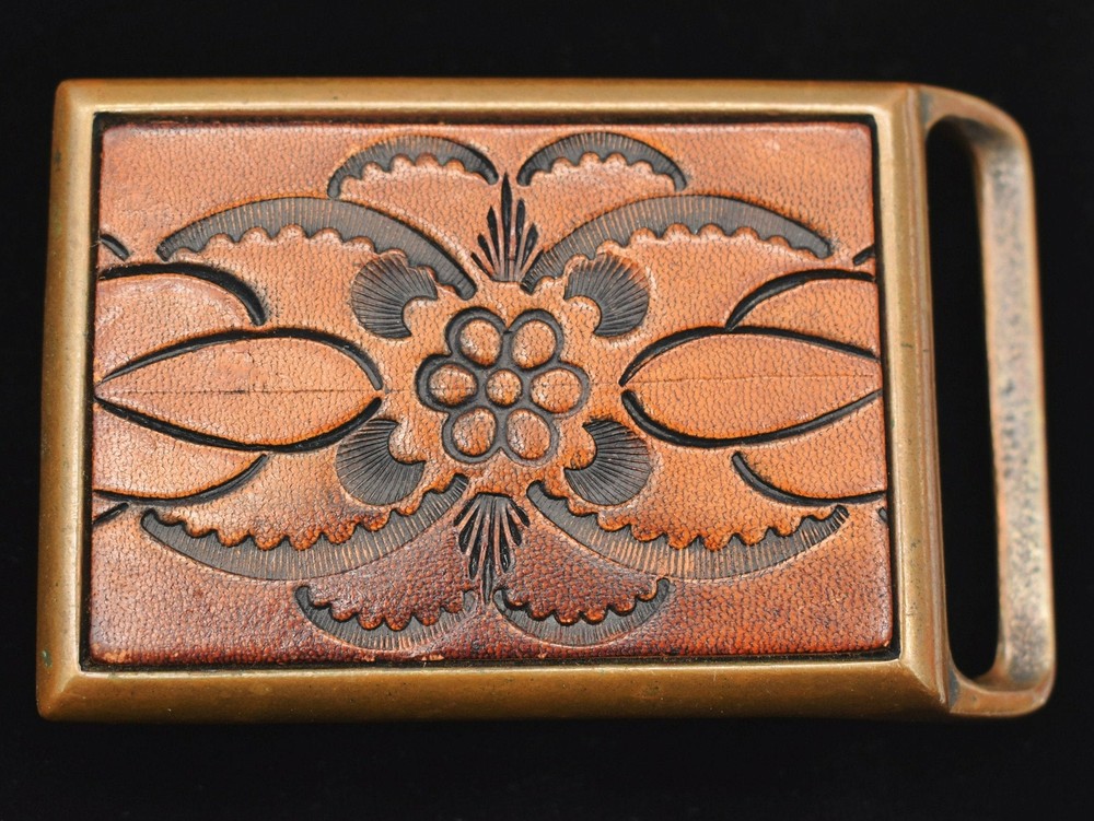 Tech Ether Guild Stamped Leather Solid Brass Rare Vintage Belt Buckle
